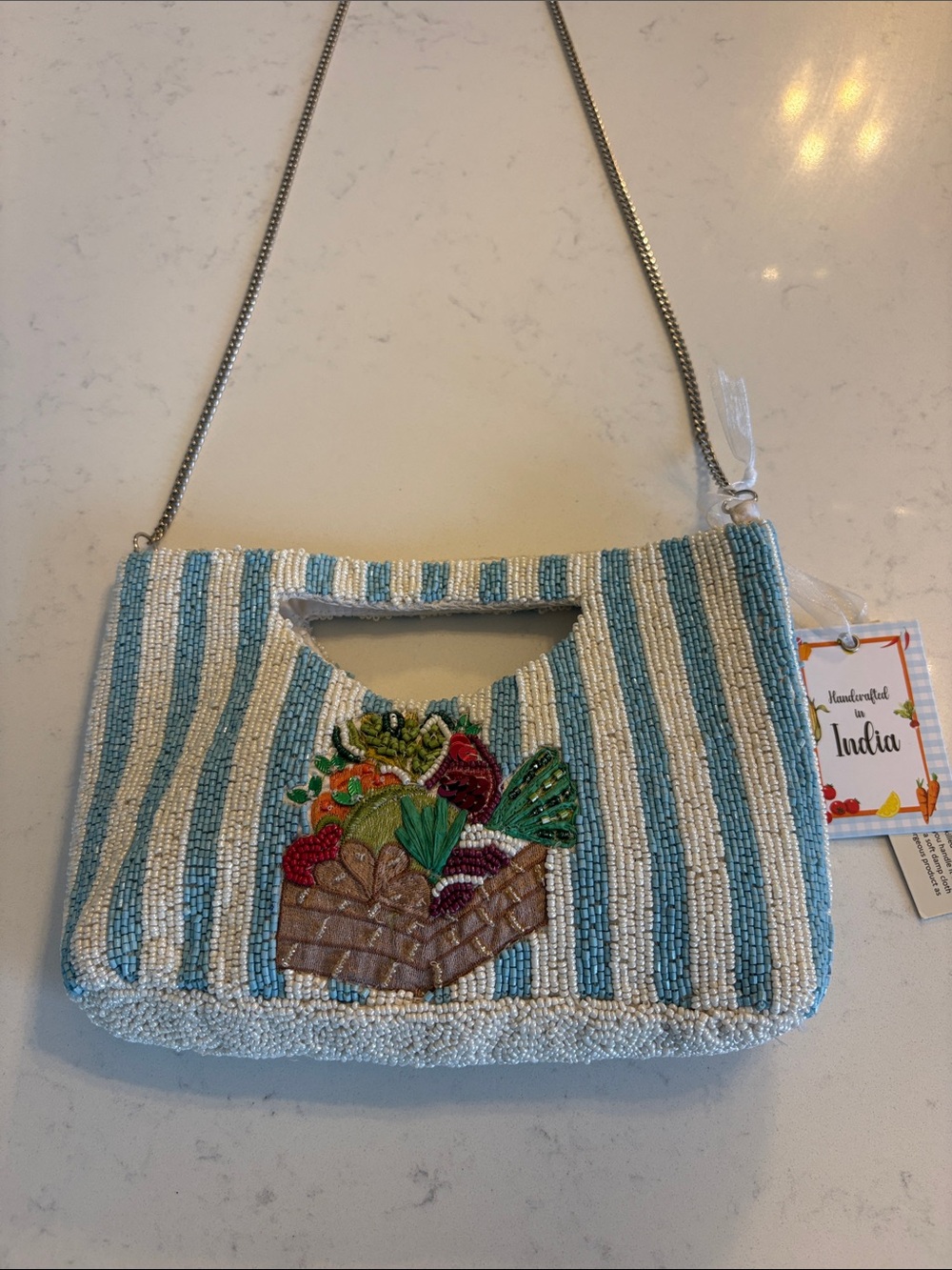 Handcrafted Made in India Blue & White Vegetable Beaded Basket Crossbody Bag